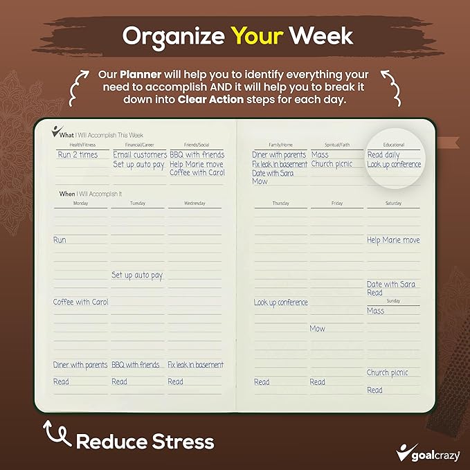 Undated Daily Planner to Achieve Your Goals - 90 Day Guided Journal & Productivity Organizer with Goal Setting, Habit Tracker, To Do List, Academic & Work Calendar, Leather Hardcover - Brown