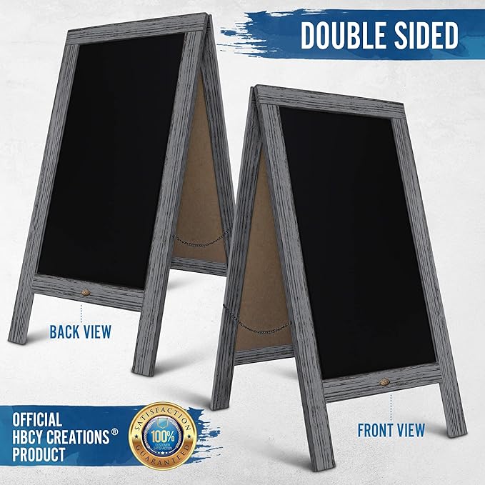 A Frame Chalkboard with Chalk Markers by HBCY Creations: 40x20 Solid Wood A-Frame Sign Gray Double-Sided Magentic Menu Board, Deluxe Set Includes 8 Chalk Markers, 10 Stencils, 2 Magnets