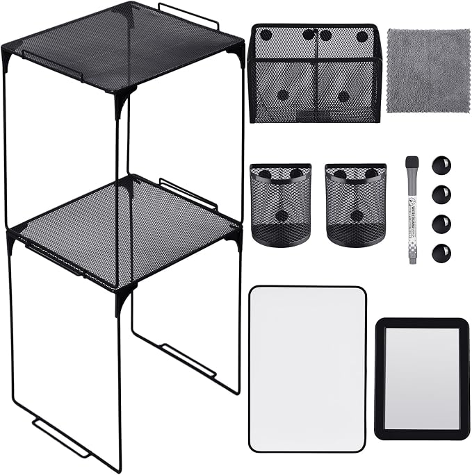 Ctosree 13 Pcs Locker Organizer and Accessories Kit Stackable Mesh Locker Shelf, Pen Holder, Magnetic Mirror, Whiteboard, Cloth, Marker, Magnet for Classroom Back to School Essentials(Black)