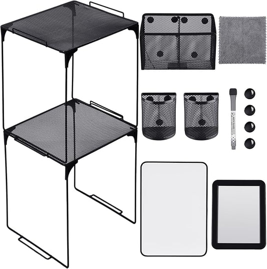 Ctosree 13 Pcs Locker Organizer and Accessories Kit Stackable Mesh Locker Shelf, Pen Holder, Magnetic Mirror, Whiteboard, Cloth, Marker, Magnet for Classroom Back to School Essentials(Black)