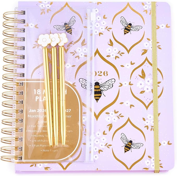 Votum 18 Month Hard Cover Planners/Calendars 10" x 10", January 2026 - June 2027 - Daily, Weekly & Monthly Organizer with Pens, Stickers, Sticky Notes, and a Sturdy Cover - Bee You