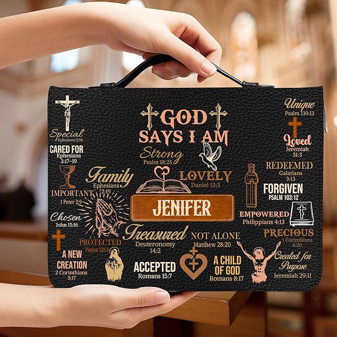 Personalized Man of God Bible Cover, God Says I Am Bible Case PU Leather, Bible Holder Handle Zipper, Faith Scripture with Name Case Bag, Religious Gifts for Church Christians Women Men (GOD-12)