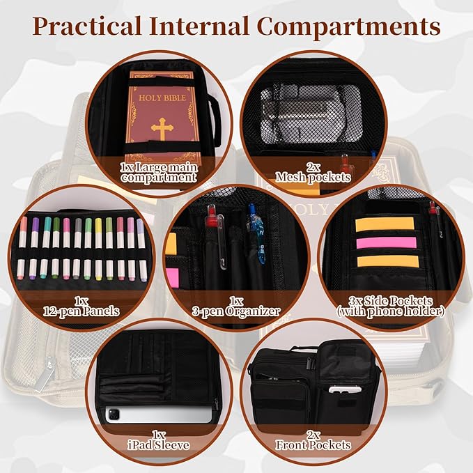 Tactical Bible Cover for Men, Bible Carrying Case with Multiple Pockets & Top Handle & Shoulder Strap & MOLLE System, Bible Bag for Church, Study, Travel, Bible Protector and Christian Gift (Black)