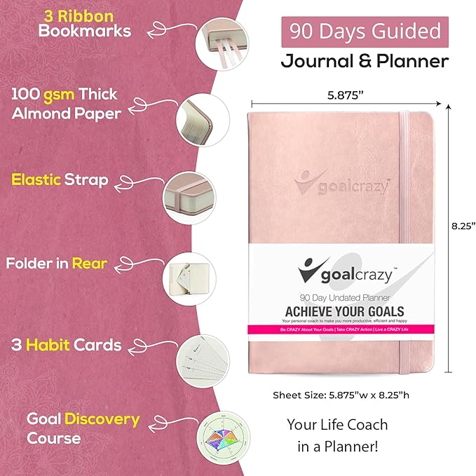 Undated Daily Planner to Achieve Your Goals - 90 Day Guided Journal & Productivity Organizer with Goal Setting, Habit Tracker, To Do List, Academic & Work Calendar, Leather Hardcover - Rose Gold