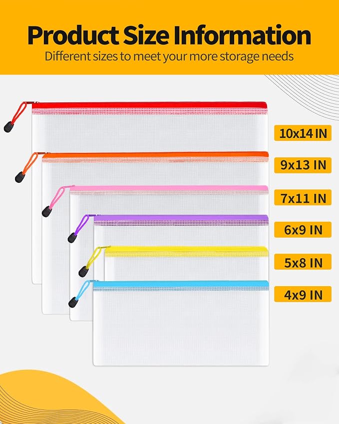 SUNEE Multisize Mesh Zipper Pouch (6 Colors, 30 Packs), Mesh Bags with Zipper for School Office Supplies, Puzzles & Games, Accessories