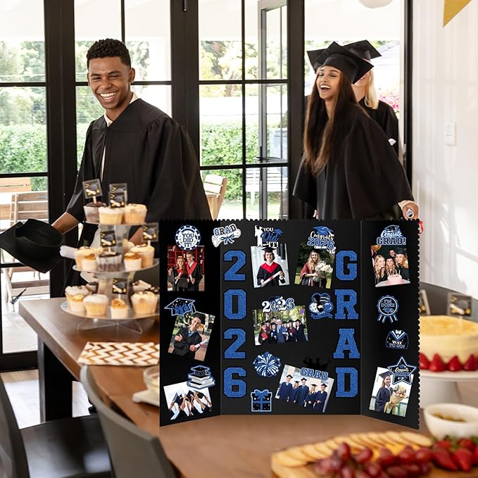 4 Set Graduation Photo Display Board, Class of 2026 Black Blue Trifold Poster Board with Grad Pattern Stickers, Graduation Photo Props Collage for Multiple Pictures Party Decorations, 16x24 Inch