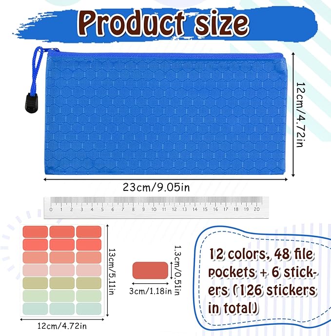 48pcs Zipper Pencil Pouch Pencil Bags 12 Colors Waterproof Pencils Bag Small Organizing Bags for Organizing Storage Office Supplies Bills Cosmetics Travel Accessories