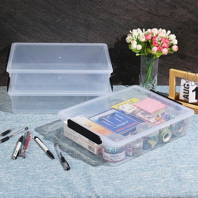 Saedy 3-Pack 5 Quart Plastic File Storage Bins With Lids, Clear Flat Stackable Storage Box