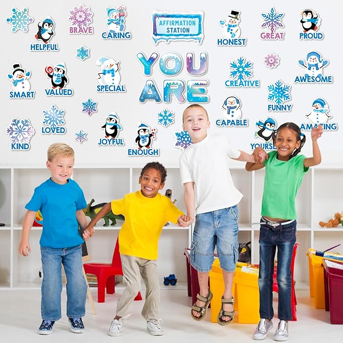 FYSUIMU 34Pcs Winter Bulletin Board Set Motivational Inspirational Christmas Paper Cutouts with 50Pcs Glue Points for Holiday Party Classroom Wall Decor