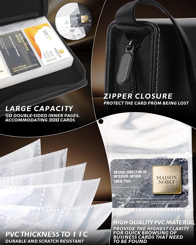 Leather Business Card Book Holder Organizer, Professional Name Card Book Holder with 300 Card Capacity, Portable PU Credit Card Wallet File Sleeve Storage for Men Women,50 Pack Sleeves Zipper Closure