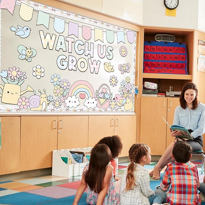 Summer Bulletin Board Decoration Set Pastel Watch Us Grow Classroom Decoration Summer Rainbow Floral Motivational Paper Cutouts for School Classroom Home Chalkboard Wall Door Decor Party Supplies
