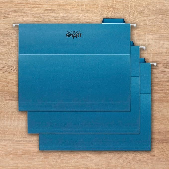 School Smart Hanging File Folders, Letter Size, 1/5 Cut Tabs, Blue, Pack of 25