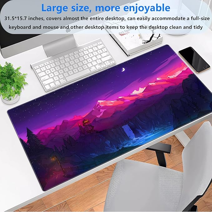 Purple & Pink Gaming Mouse Pad, 31.5 x 15.7 Inch | XXL Full Desk Size, Stitched Edge, Anti-Slip, Washable, Anime Game Design