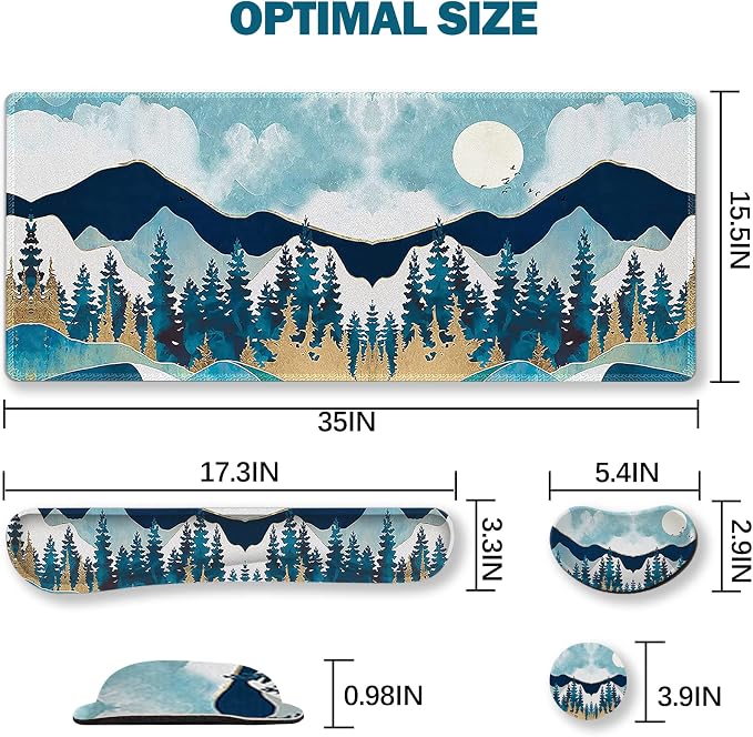 ARTSO Large Gaming Mouse Pad Set, Keyboard Wrist Rest Support + Mouse Wrist Cushion + Extended Mousepad + Coaster, 35x15.5in Multifunctional Desk Mat, Abstract Mountain