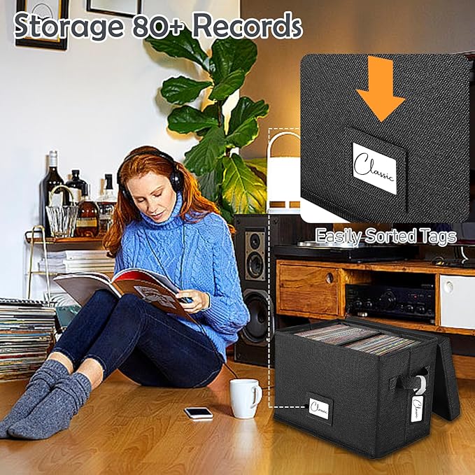 Woodoulogy Vinyl Record Storage Box for 7"/45 RPM LPs, Black Case with Lid Holds up to 80 Albums, CD Crate Play Music Collection Holder, Collapsible File Folder Cabinet Organizer with Handle