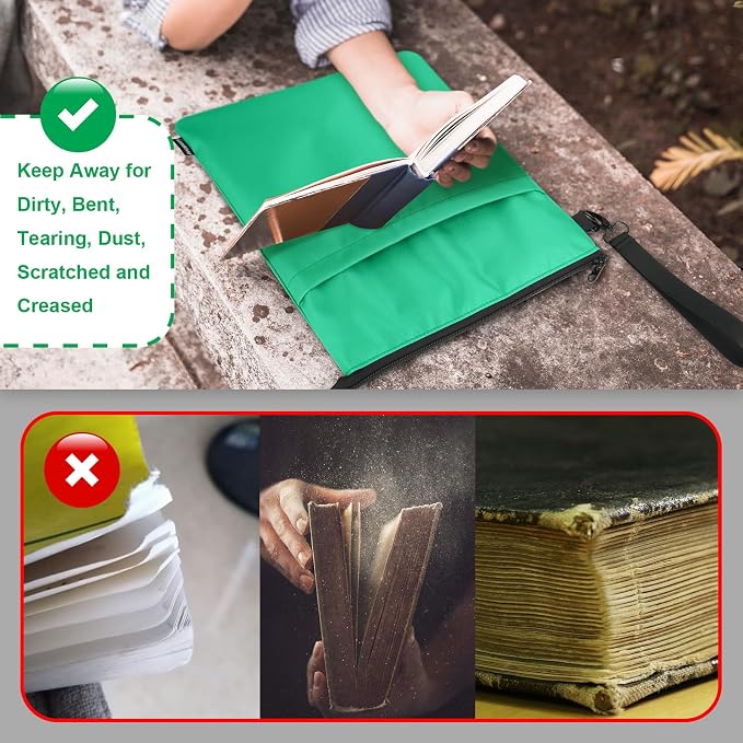 Book Sleeves with Zipper, Travel Book Protector Pouch for Paperbacks & Hardcover Books, Book Covers Bags Carry Case/Front Pocket & Handle Strap for Book Lovers Mother's Day (Light Green, 2 Pcs)