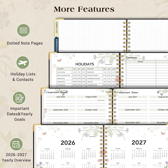 Academic Planner 2026-2027, 18 Months Weekly and Monthly Calendar Planner from July 2026 - December 2027, 7.3" x 10" B5 Large Hardcover Agenda Organizer Book with Tabs, Yearly Daily Planners for School Work Student Teacher, Black Flower