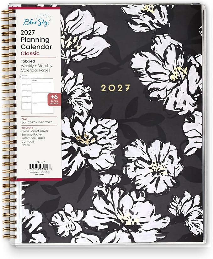 Blue Sky 2027 Weekly and Monthly Planner Calendar, January 2027 - December 2027, 8.5" x 11", Clear Pocket Cover, Laminated Tabs, Durable Twin Wire Binding, Storage Pocket, Baccara Dark