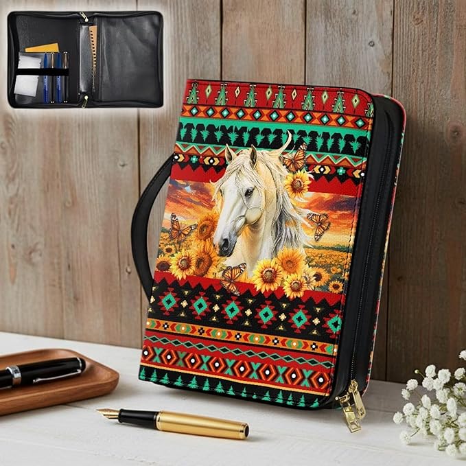 Leather Bible Covers for Women Small Bible Case Bible Bag Tote with Leather Bookmark,Aztec Boho Horse