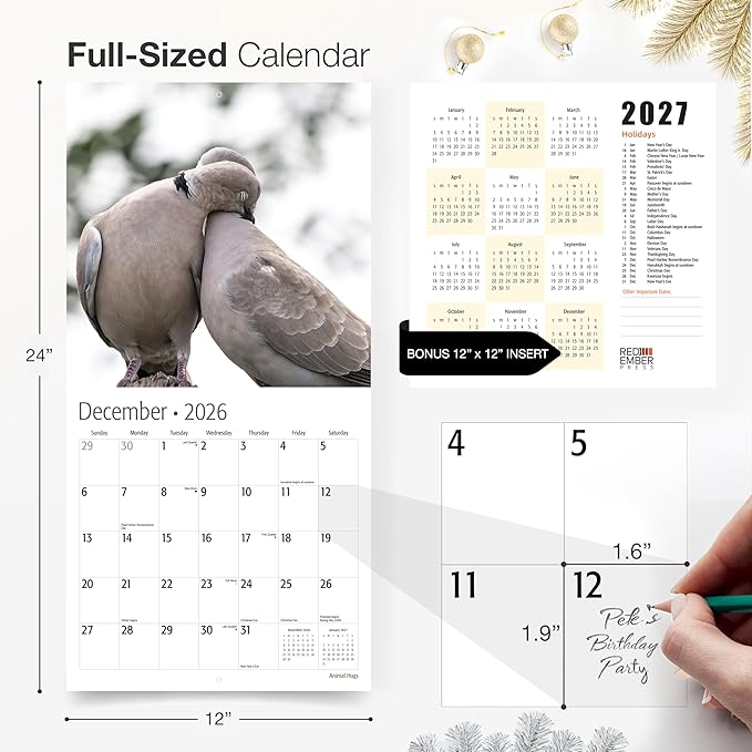 RED EMBER Animal Hugs 2026 Wall Calendar 12 Month | 12” x 24” Open | Thick & Sturdy Paper | Giftable | Cute Funny Kids Calendar 2026