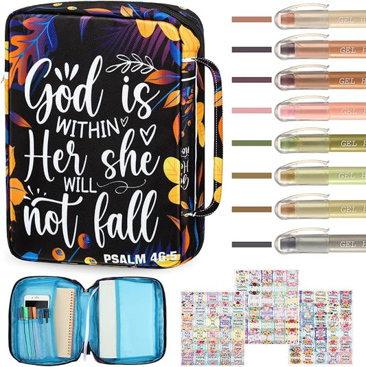 Yaomiao Bible Cover Case for Women Girls Large Bible Bag with Flowers Printing Carrying Case with Handle, 8 Pens, 90 Tabs Cover Bag Portable with Bookmarks for Study Christian Gift(Stylish Style)