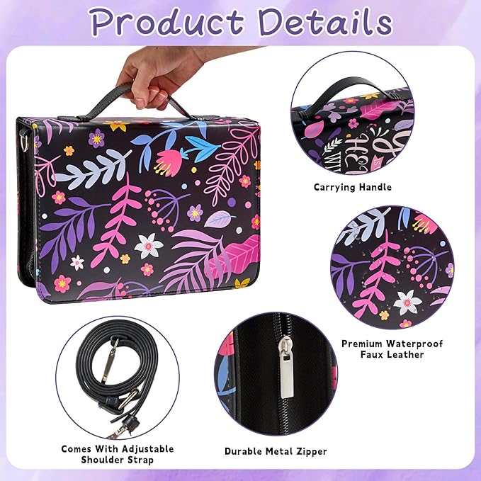 19PCS Floral Purple Leather Bible Cover for Women Bible Cover Cases for Teen Girls Christmas Gift Christian Bag Our God is Within Her Journaling Kit with Shoulder Strap Highlighter Pens & Book Marker
