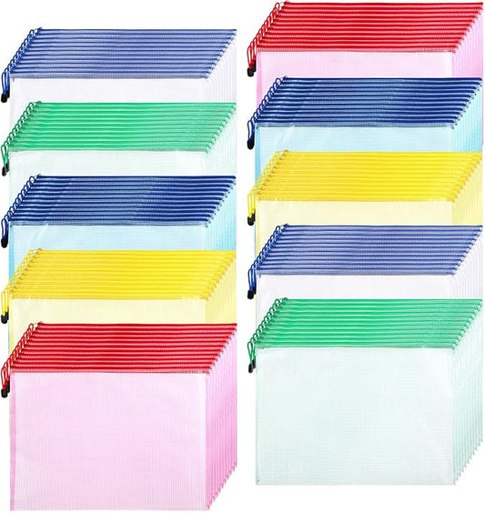 Zhehao 100 Pcs B4 Mesh Zipper Pouch Bag Bulk Mesh Pouch with Zipper Waterproof Clear Storage Bag for School Office Supplies Cosmetics Travel (Colorful, B4, 15 x 11 Inch)