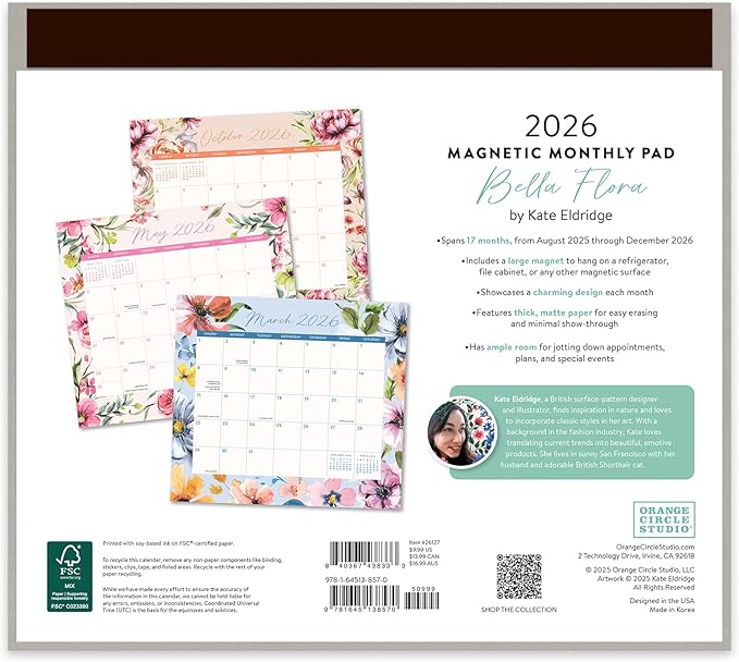 Orange Circle Studio 2026 Magnetic Monthly Fridge Calendar, Bella Flora, August 2025 - December 2026, 9.5" x 8.4", Daily Aesthetic Planner Notepad with Magnet for Refrigerator, Easy Organizer for Grocery List, Appointments