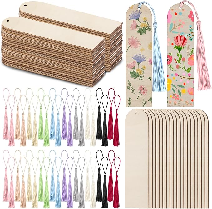 100Pcs Unfinished Wooden Bookmarks with Colorful Tassels, 1.25"x4.7" DIY Blank Ornament Wooden Bookmarks Kit for Wedding Favors, Christmas Gifts, Birthday Party & Kids’ Art Projects