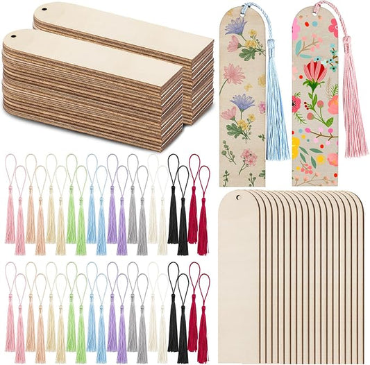 100Pcs Unfinished Wooden Bookmarks with Colorful Tassels, 1.25"x4.7" DIY Blank Ornament Wooden Bookmarks Kit for Wedding Favors, Christmas Gifts, Birthday Party & Kids’ Art Projects