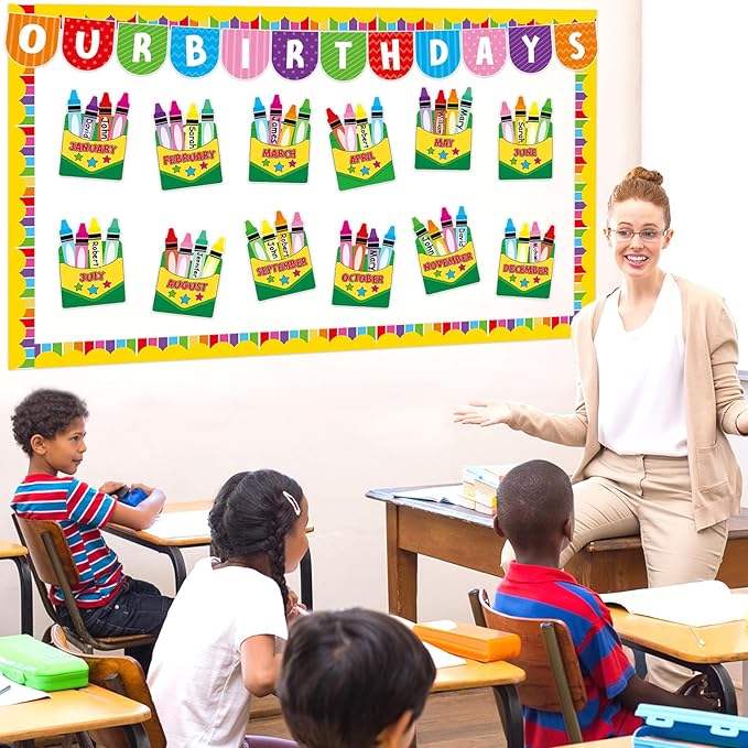 Justforjoyful Birthday Bulletin Board Classroom Decorations Crayon Box Cutouts Colorful Crayon Name Tags Decoration for Wall Chalkboard Decors Preschool Classroom Decor Teacher Back to School Supplies