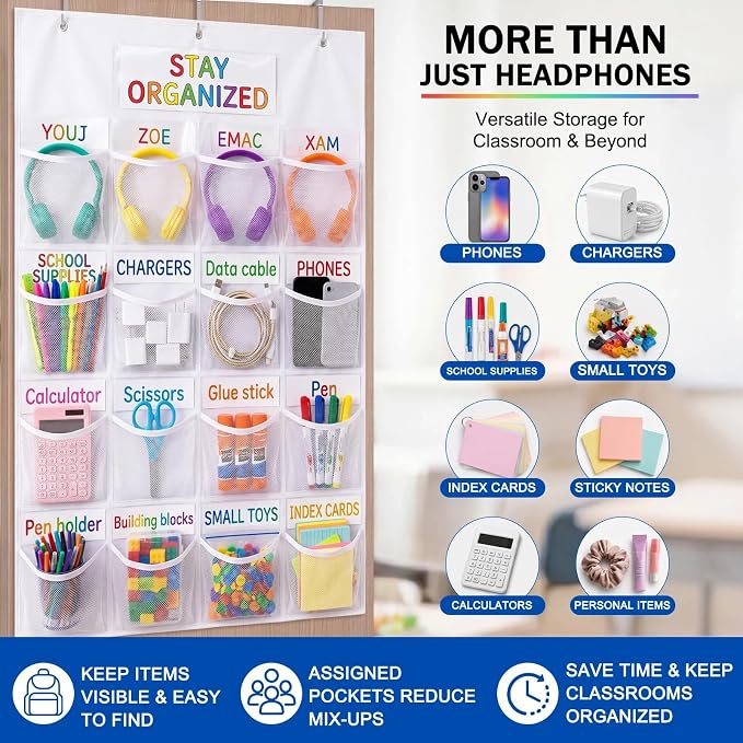 AmazingSpark 16 Pockets Classroom Headphone Storage Thickened Non-woven Fabric Mesh Pocket Chart Over The Door Hanging Cell Phone Organizer with Signed Card for Back to School Classroom Library, White