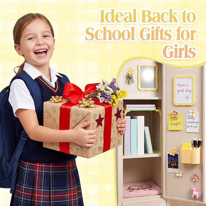 Colarr 16 Pcs Yellow Locker Accessories for Girls Includes Magnetic Whiteboard & Mirror Locker Shelf Pen Holder 2 Dry Erase Marker & Eraser 9 Flowers for Back to School Essentials Decoration