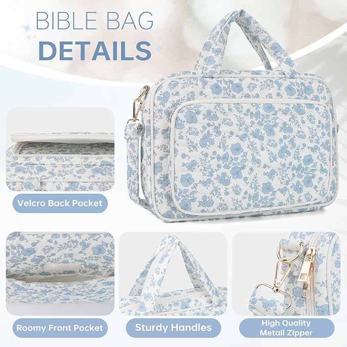 Bible Cover Case for Women Bible Study Supplies Church Camp Essentials Christian Gifts for Women Journaling Kit Quilted Large Bible Book Sleeve (Blue Flower, Large)