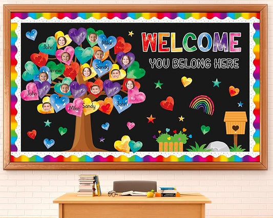 85pcs Classroom Tree Bulletin Board Heart DIY Photo Name Tags Cutouts Back to School Watercolor Accents You Belong Here Welcome Classroom Decor for Nursery Elementary Chalkboard Wall Decor（Watercolor）