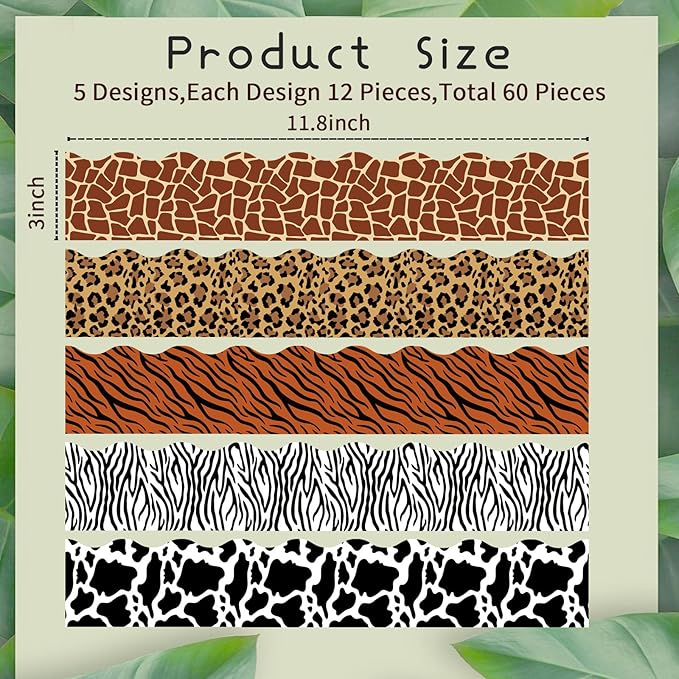 60 Pcs Animal Print Bulletin Board Border Safari Jungle Bulletin Board Decorations Leopard Zebra Tiger Giraffe Cow Bulletin Board Border Back to School Decoration Borders for Classroom Party Supplies