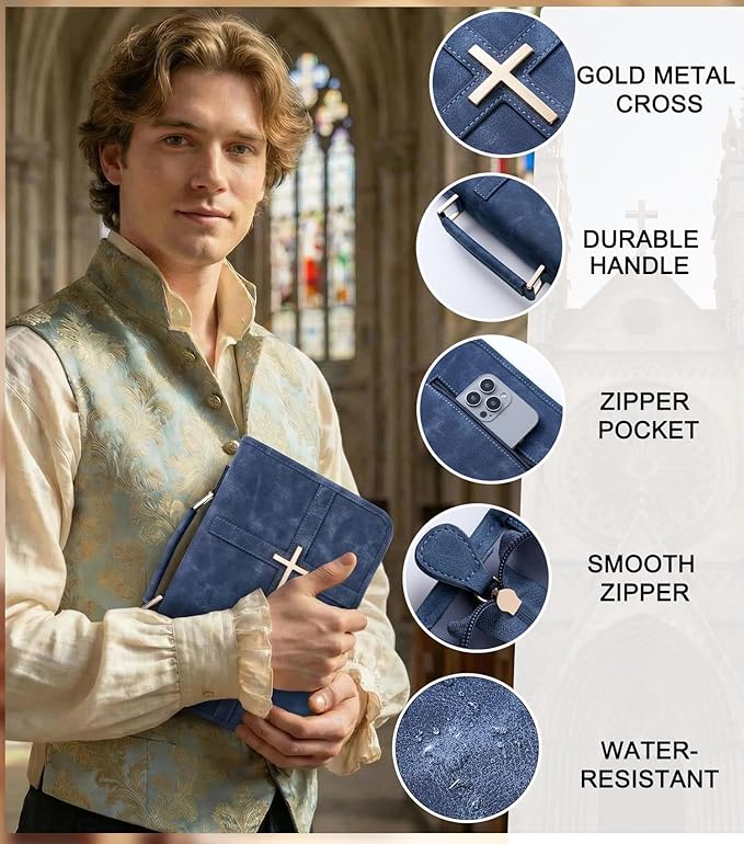 Vegan Leather Bible Cover for Men & Women, Bible Case with Gift Box, Christian Catholic Religious Bible Gifts (Indigo)