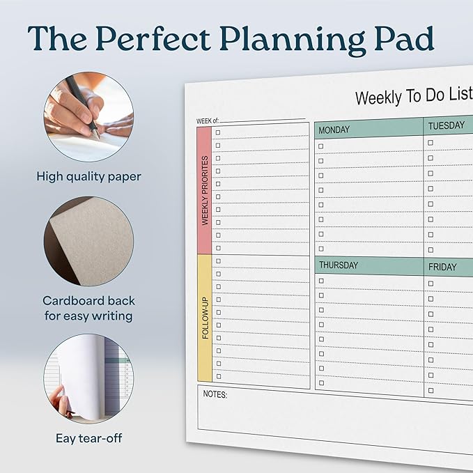 Large Weekly Planning Pad and Matching Notepad, 52 Letter Size Tear-Off Sheets, 8.5” x 11” Undated Desk Planner Pad, Daily Schedule, Weekly Priorities To Do List,for Work and Home