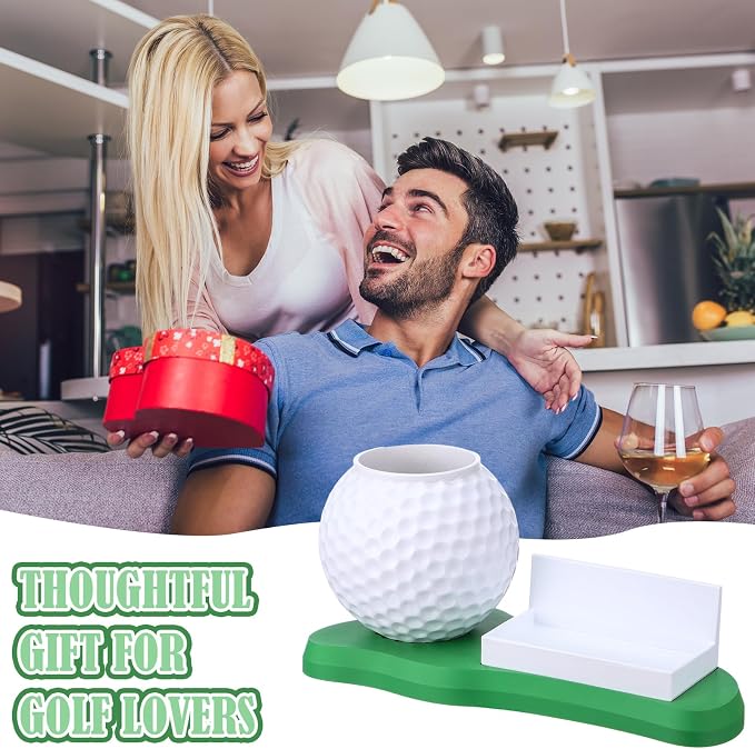 Tenceur Golf Ball Pen and Business Card Holder for Desk Organizer Funny Golf Gifts for Men Dad Father Husband Golfers Gift Mini Resin Desktop Ball Pen and Card Holder for Golfer Lover Gift Supplies