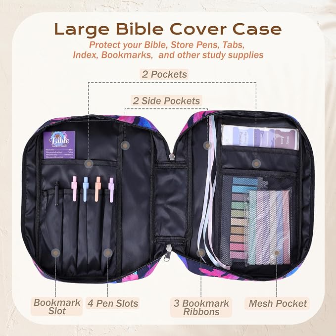XKDOUS Bible Cover Case Canvas Bible Bag Book Carrying Case with Handle, Study Supplies Organizer Church Book Carrier Christian Gifts for Women, Mom, Lady