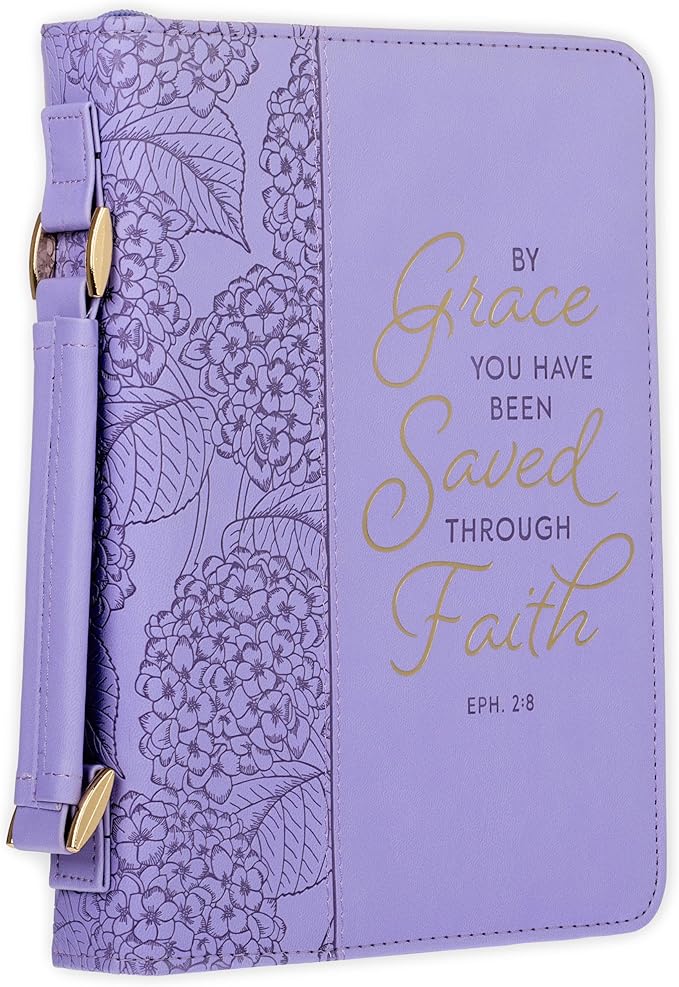 Christian Art Gifts Faux Leather Fashion Bible Cover for Women: By Grace You Have Been Saved - Ephesians 2:8 Inspirational Bible Verse, Hydrangea Lavender-Purple, Large