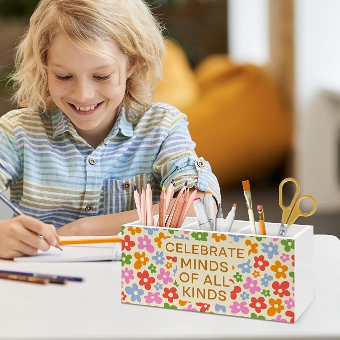 Retro Mental Health Floral Pen Holder, Therapy Office Pen Pencil Holder Organizer for Desk Accessories, Teacher Appreciation Gifts Wooden Box Desk Decor for Office Classroom Desk Decorations