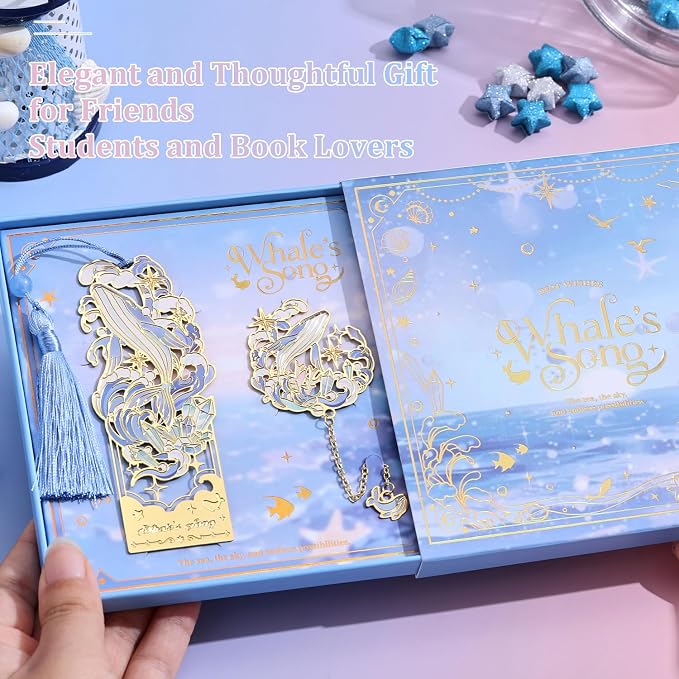 2 Pcs Metal Bookmark Gift Box, Golden Hollow Bookmarks Ocean Painting Theme Book Mark for Women, Book Lovers Writers Readers and Teens, Perfect for Birthday and Graduation Gifts(Blue)