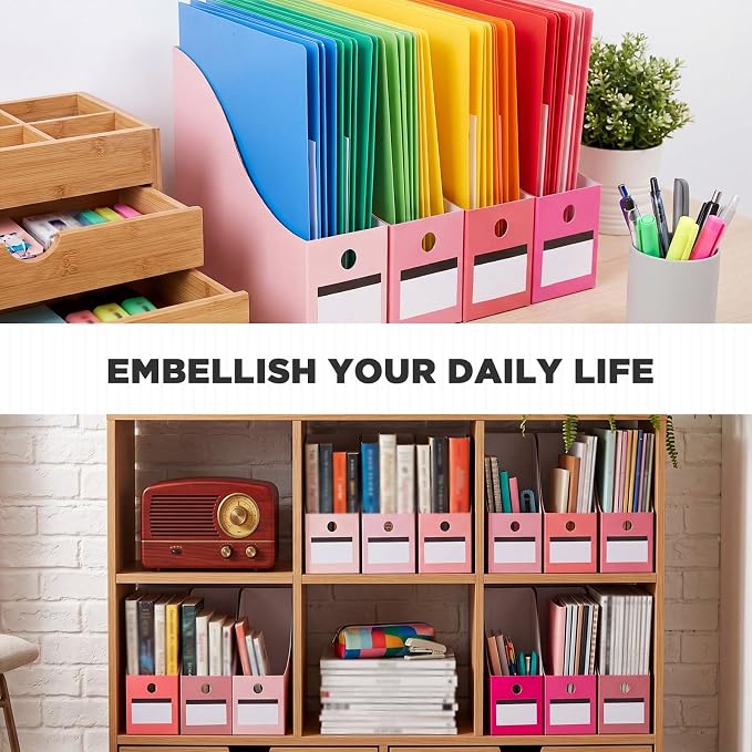 Jutom 48 Sets Magazine File Holders Foldable Cardboard Magazine Holder with White Label Stickers Desktop File Storage Box for Office Home Classroom Desk Document Organization(Pink)