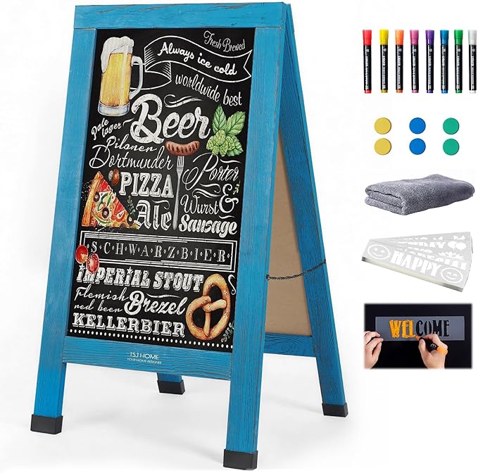 Wood Magnetic A-Frame Chalkboard Signs, 40" x 20" Large Sandwich Board Signs Outdoor, Double-Sided Sidewalk Blackboard for Business, Wedding, Vendor Display, Coffee Shope -Blue