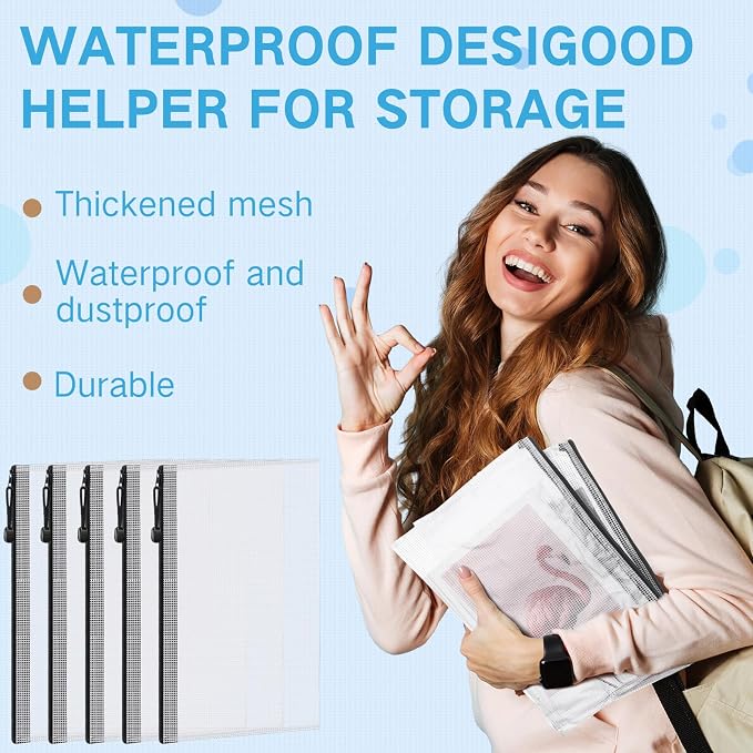 Zhehao 250 Pcs Mesh Zipper Pouch Bags Bulk A4 13.19 x 9.45 Inch Zipper Pouch Waterproof Clear Pencil File Storage Bags Organizer for Teacher School Organization Supplies(Black)