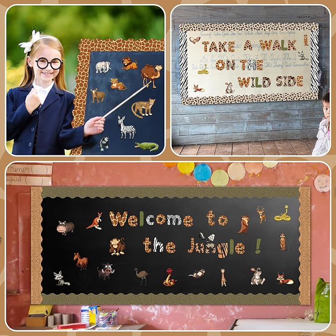 Kosiz Safari Animal Bulletin Board Decoration Set 118 ft Scalloped Bulletin Board Borders Classroom Poster Border Trim with 257 Pcs Letter Number Symbol Cutout for School Decor
