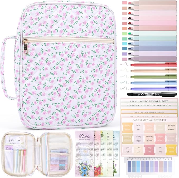 XKDOUS Large Bible Cover Case for Women Durable Carrying Book Case with Tabs, Handle & Pocket, Floral Bible Bags Study Supplies Organizer for Christian Gifts