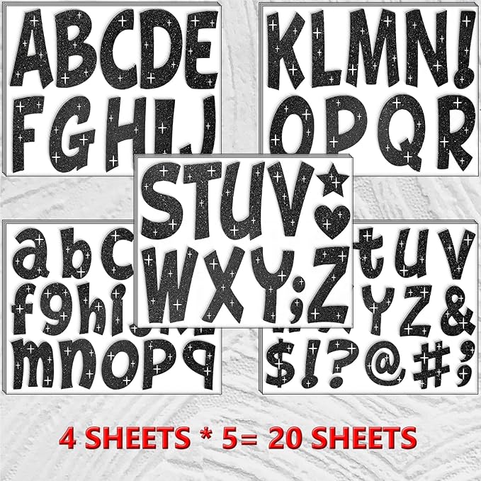 260 PCS Bulletin Board Letters 4 Inch Glitter Large Sticker Letters for Bulletin Board Self-Adhesive Alphabet Poster Board Letter for Classroom Home School Decor(Black)