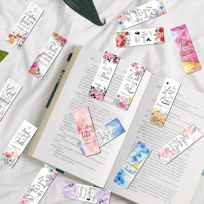 Wxiben Bible Verse Magnetic Bookmark - 48Pcs Floral Inspirational Magnetic Bookmark Christian Scripture Book Mark Magnets Motivational Flower Page Marker Clip for Women Students Teacher School Gifts